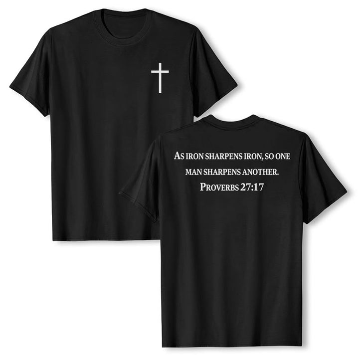 Christianartworkshop T-shirt premium à manches courtes avec inscription « Le fer aiguise le fer » (Proverbes 27:17), imprimé croisé sur la poitrine et dans le dos. - Noir - 2XL - image 0
