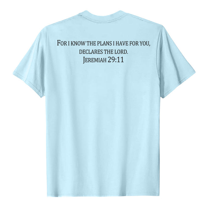 Christianartworkshop Car je connais les projets que j'ai formés pour vous (Jérémie 29:11) T-shirt premium à manches courtes avec croix sur le devant et dans le dos - image 23