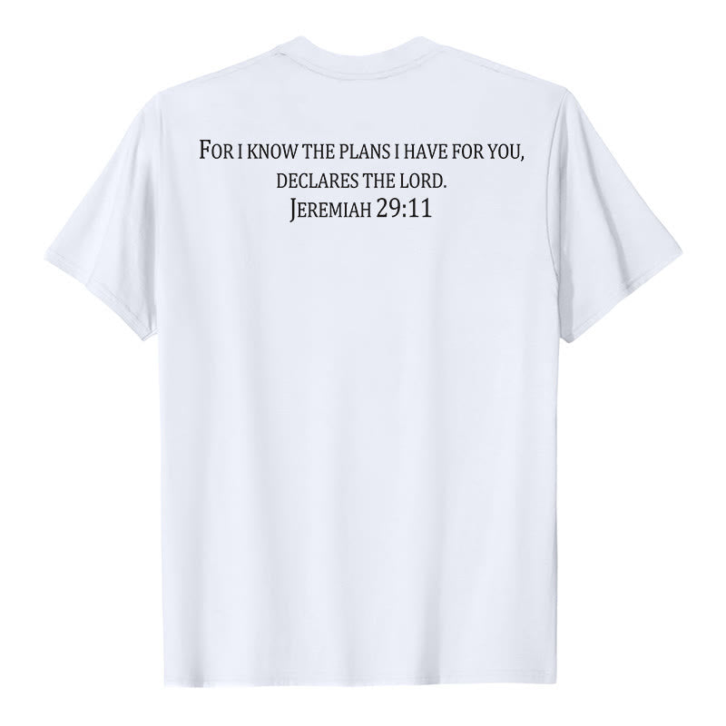 Christianartworkshop Car je connais les projets que j'ai formés pour vous (Jérémie 29:11) T-shirt premium à manches courtes avec croix sur le devant et dans le dos - image 2