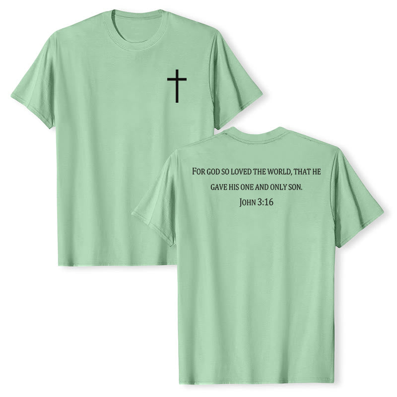 Christianartworkshop Jean 3:16 Car Dieu a tant aimé le monde T-shirt premium à manches courtes avec croix sur la poitrine et au dos - Vert clair - 2XL - image 15