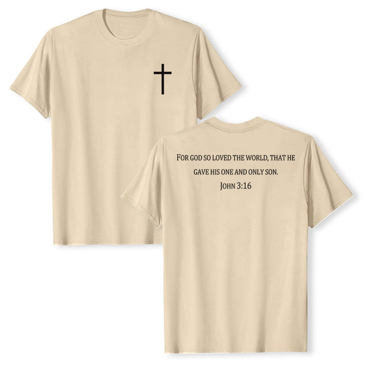Christianartworkshop Jean 3:16 Car Dieu a tant aimé le monde T-shirt premium à manches courtes avec croix sur la poitrine et au dos - Beige - 2XL - image 24
