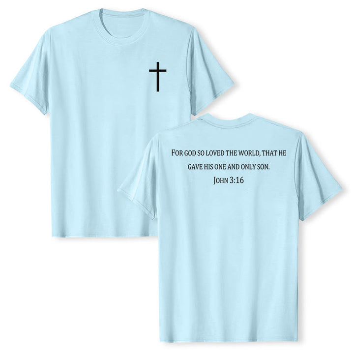 Christianartworkshop Jean 3:16 Car Dieu a tant aimé le monde T-shirt premium à manches courtes avec croix sur la poitrine et au dos - Bleu - 2XL - image 21