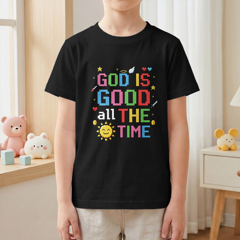 Christianartworkshop T-shirt enfant à manches courtes avec motif pixelisé coloré d'ange et de soleil : « Dieu est bon en tout temps » - image 1