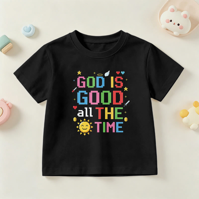 Christianartworkshop T-shirt enfant à manches courtes avec motif pixelisé coloré d'ange et de soleil : « Dieu est bon en tout temps » - Noir - US/UK/AU 14, EU170 - image 0