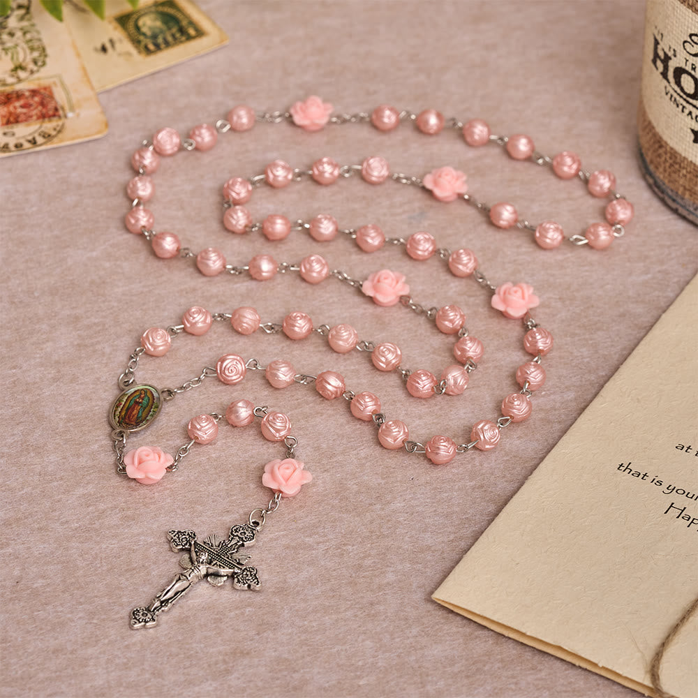 Christianartworkshop Chapelet à perles roses brillantes en relief avec motif floral 3D, médaille émaillée Notre-Dame et crucifix ancien - image 1
