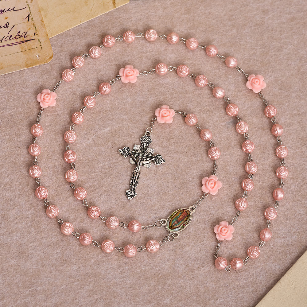 Christianartworkshop Chapelet à perles roses brillantes en relief avec motif floral 3D, médaille émaillée Notre-Dame et crucifix ancien - image 2