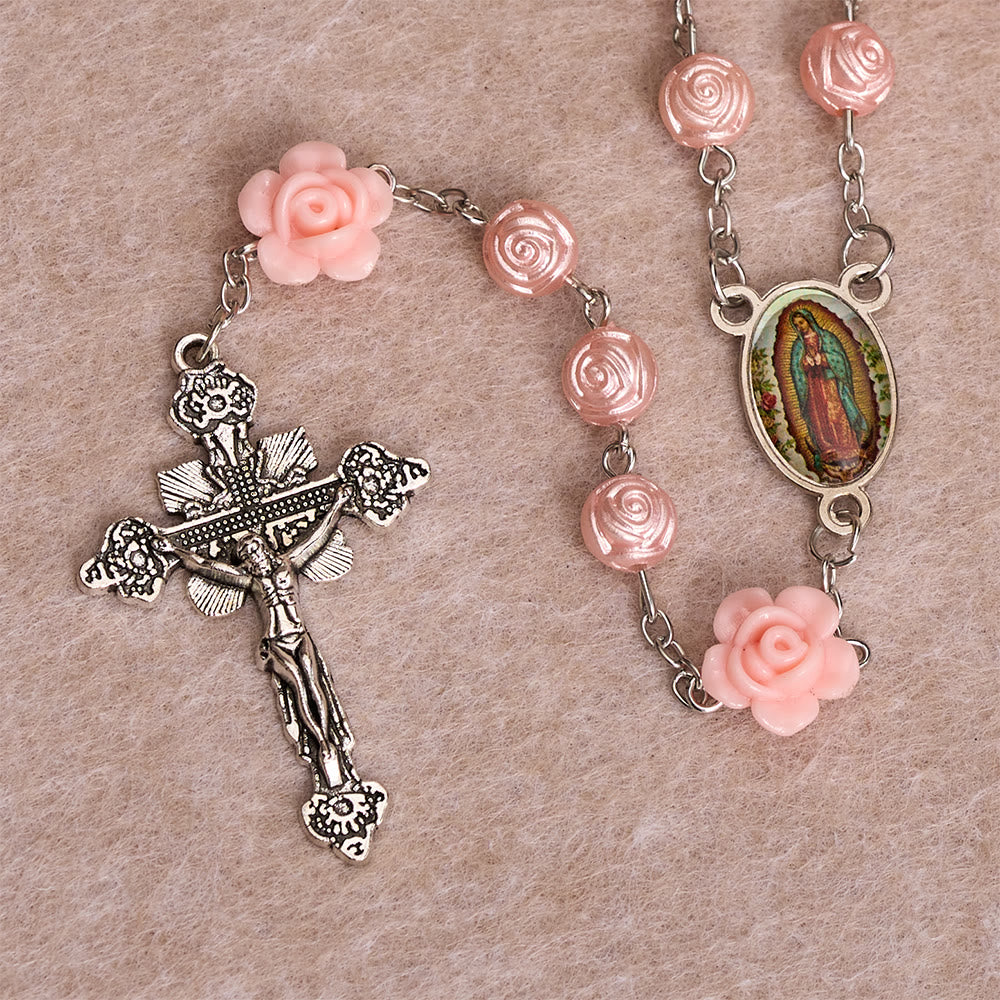 Christianartworkshop Chapelet à perles roses brillantes en relief avec motif floral 3D, médaille émaillée Notre-Dame et crucifix ancien - image 5