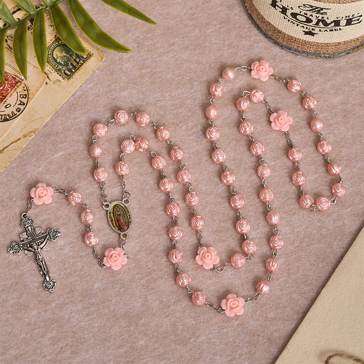 Christianartworkshop Chapelet à perles roses brillantes en relief avec motif floral 3D, médaille émaillée Notre-Dame et crucifix ancien - image 3