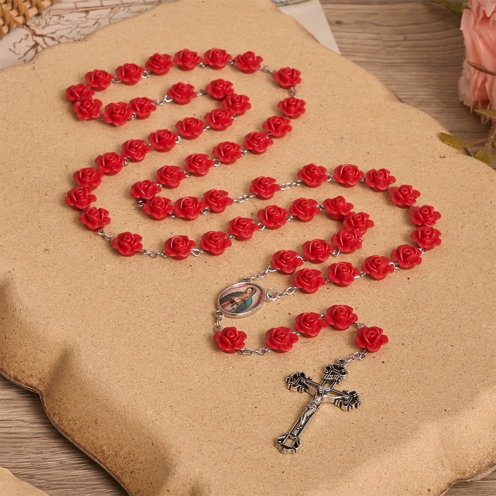 Christianartworkshop Médaille crucifix en émail avec perle de rose rouge élégante, chapelet Notre-Dame - image 1