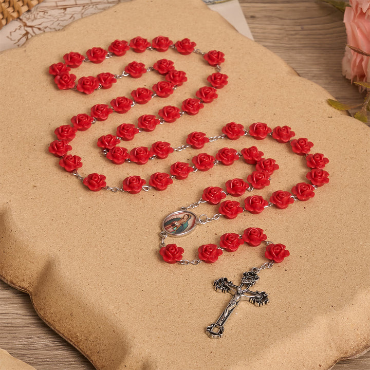 Christianartworkshop Médaille crucifix en émail avec perle de rose rouge élégante, chapelet Notre-Dame - image 1