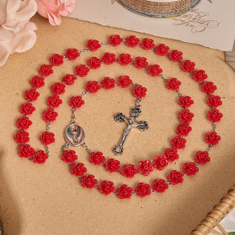 Christianartworkshop Médaille crucifix en émail avec perle de rose rouge élégante, chapelet Notre-Dame - image 2