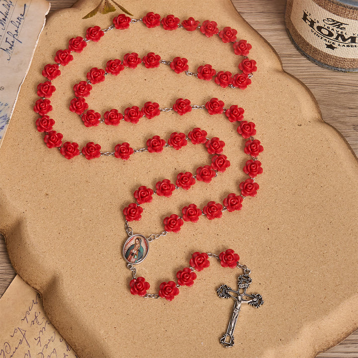 Christianartworkshop Médaille crucifix en émail avec perle de rose rouge élégante, chapelet Notre-Dame - Chapelet de roses rouges - image 0