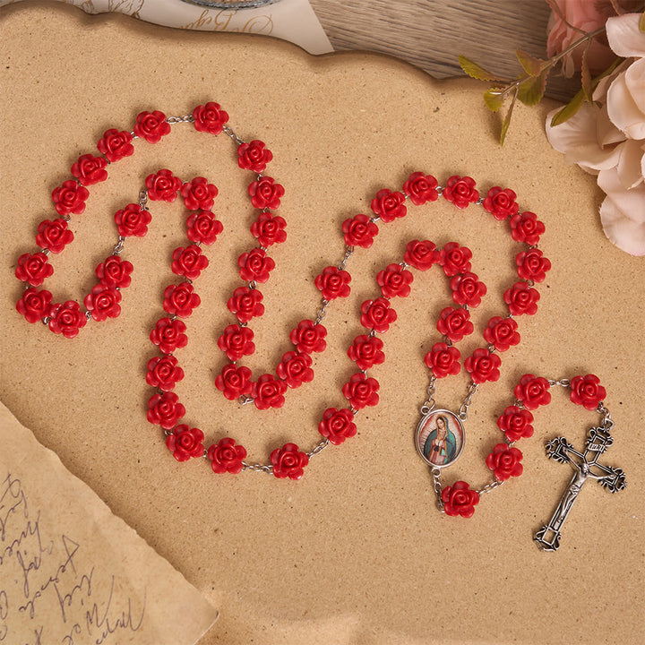 Christianartworkshop Médaille crucifix en émail avec perle de rose rouge élégante, chapelet Notre-Dame - image 3