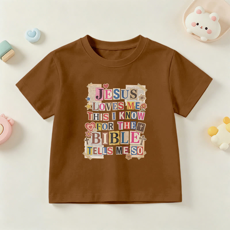 Christianartworkshop T-shirt enfant à manches courtes avec écusson vintage découpé « Jésus m'aime, je le sais » - Brun - US/UK/AU 14, EU170 - image 0