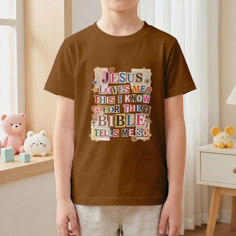 Christianartworkshop T-shirt enfant à manches courtes avec écusson vintage découpé « Jésus m'aime, je le sais » - image 1