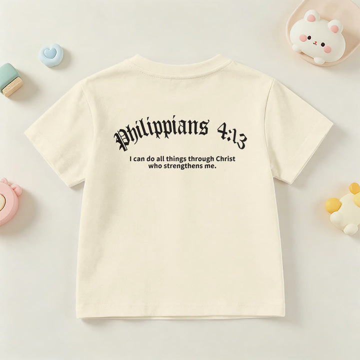 Christianartworkshop Philippiens 4:13 T-shirt enfant à manches courtes avec croix sur le devant et au dos, police gothique - image 6