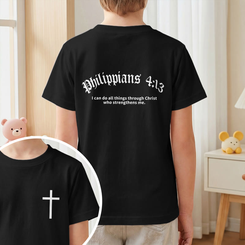 Christianartworkshop Philippiens 4:13 T-shirt enfant à manches courtes avec croix sur le devant et au dos, police gothique - image 37