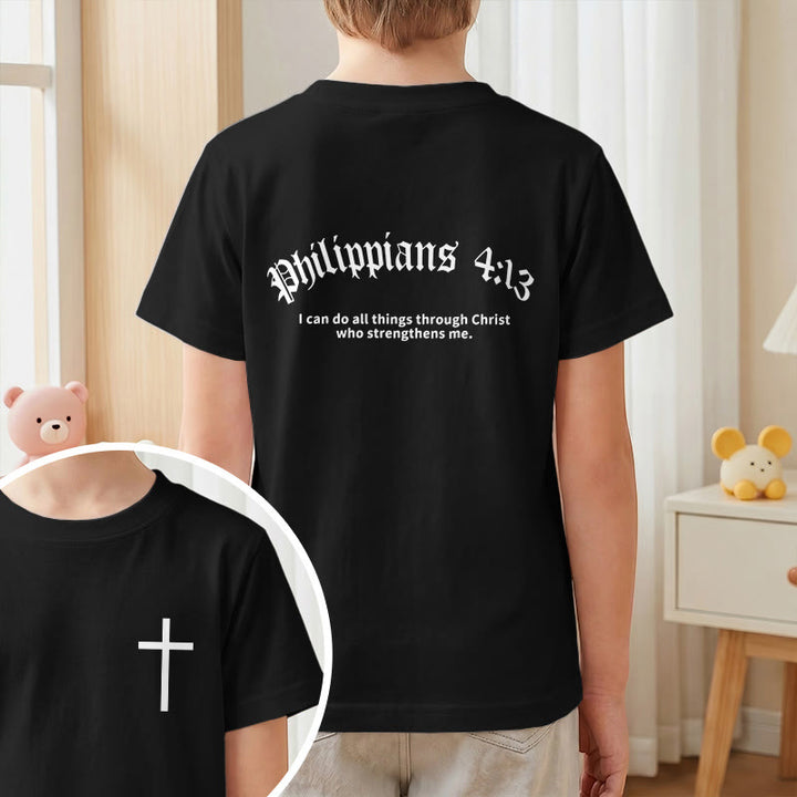 Christianartworkshop Philippiens 4:13 T-shirt enfant à manches courtes avec croix sur le devant et au dos, police gothique - image 37