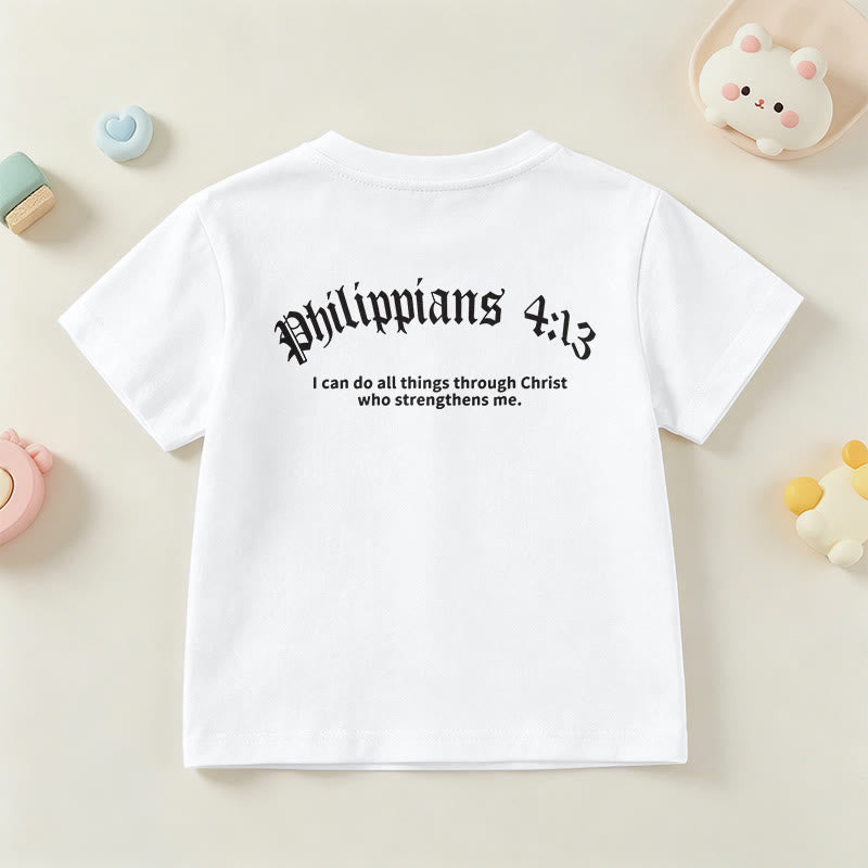Christianartworkshop Philippiens 4:13 T-shirt enfant à manches courtes avec croix sur le devant et au dos, police gothique - image 15