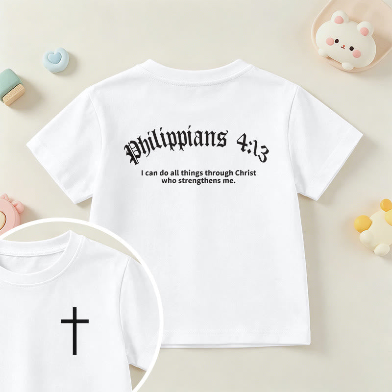 Christianartworkshop Philippiens 4:13 T-shirt enfant à manches courtes avec croix sur le devant et au dos, police gothique - Blanc - US/UK/AU 14, EU170 - image 9