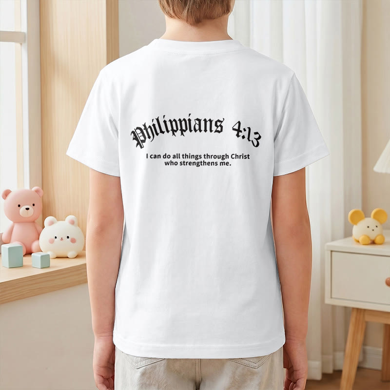 Christianartworkshop Philippiens 4:13 T-shirt enfant à manches courtes avec croix sur le devant et au dos, police gothique - image 16