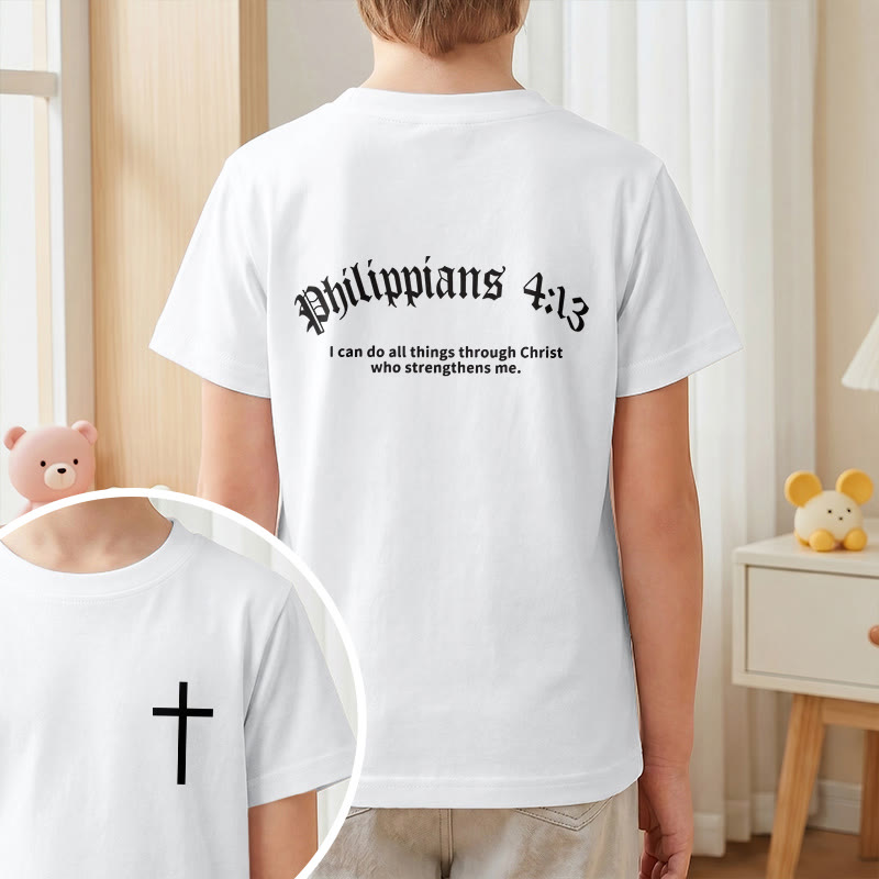 Christianartworkshop Philippiens 4:13 T-shirt enfant à manches courtes avec croix sur le devant et au dos, police gothique - image 11