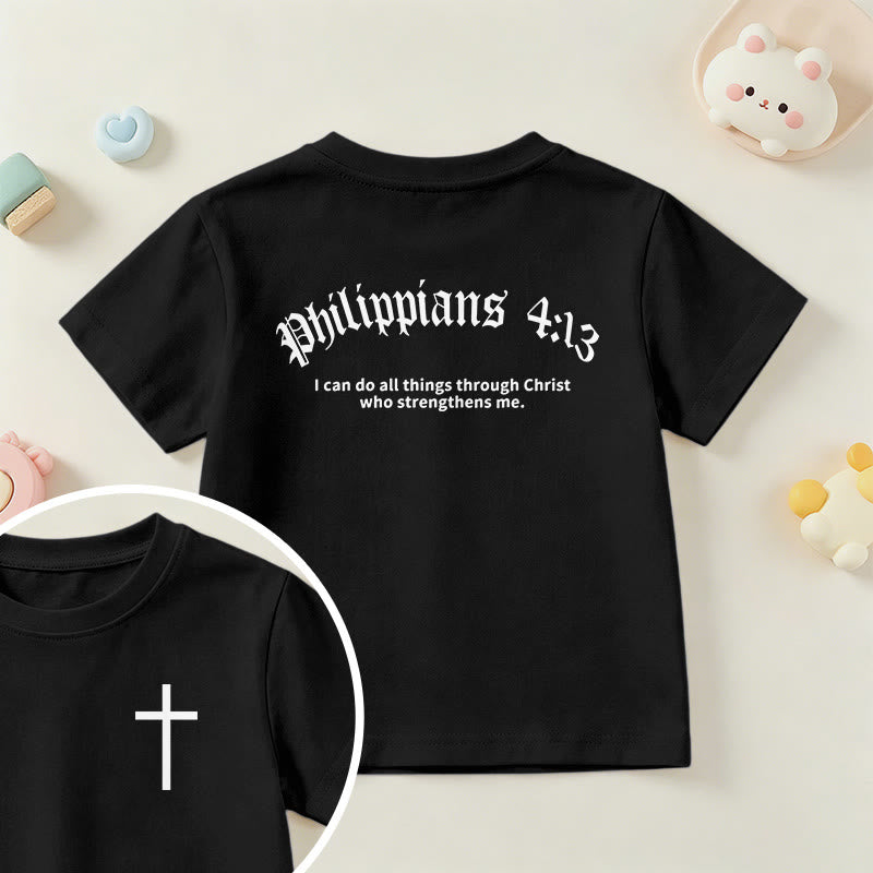 Christianartworkshop Philippiens 4:13 T-shirt enfant à manches courtes avec croix sur le devant et au dos, police gothique - Noir - US/UK/AU 14, EU170 - image 36