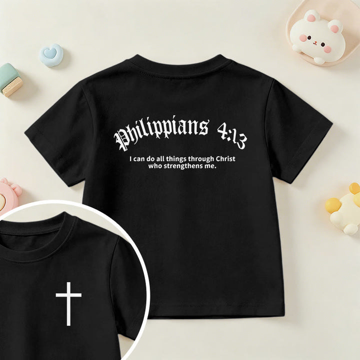Christianartworkshop Philippiens 4:13 T-shirt enfant à manches courtes avec croix sur le devant et au dos, police gothique - Noir - US/UK/AU 14, EU170 - image 36