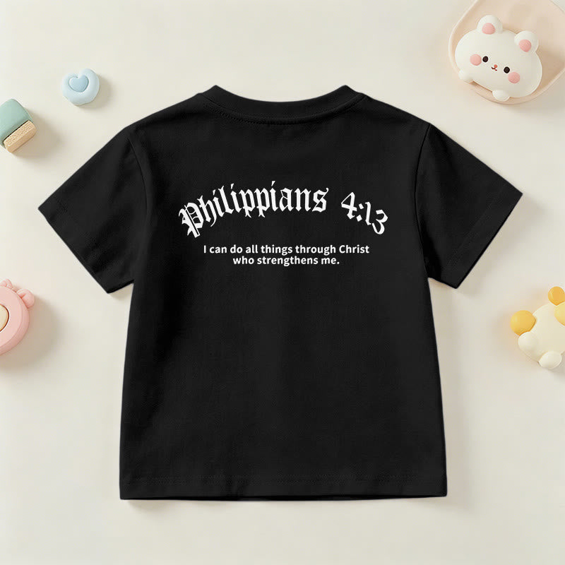 Christianartworkshop Philippiens 4:13 T-shirt enfant à manches courtes avec croix sur le devant et au dos, police gothique - image 42