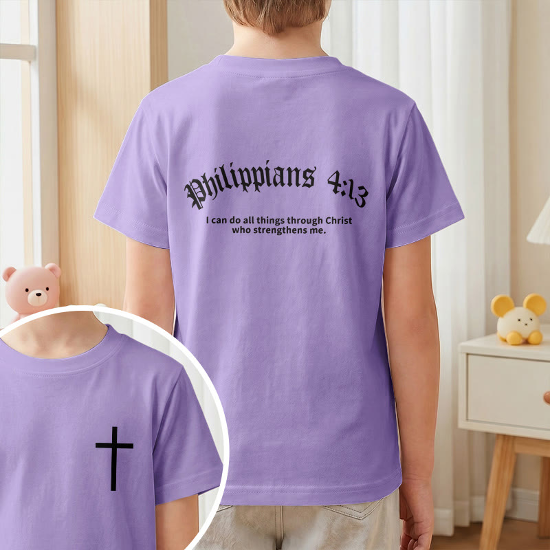 Christianartworkshop Philippiens 4:13 T-shirt enfant à manches courtes avec croix sur le devant et au dos, police gothique - image 46