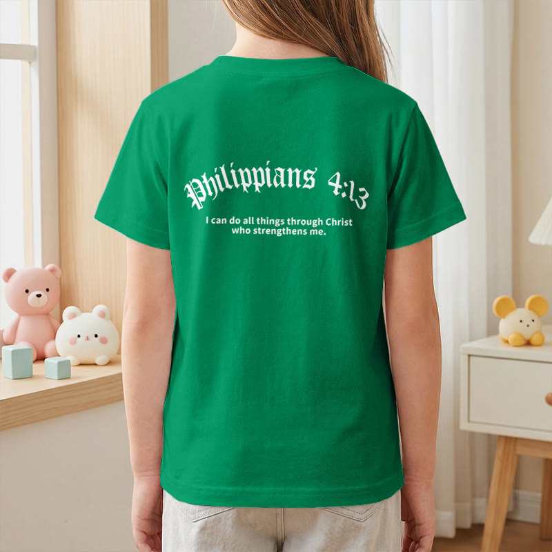 Christianartworkshop Philippiens 4:13 T-shirt enfant à manches courtes avec croix sur le devant et au dos, police gothique - image 80