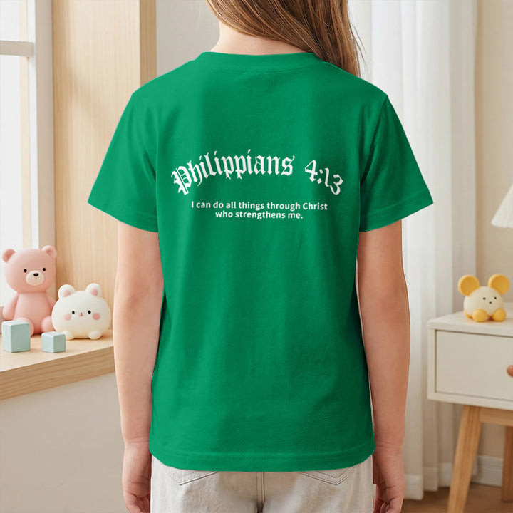 Christianartworkshop Philippiens 4:13 T-shirt enfant à manches courtes avec croix sur le devant et au dos, police gothique - image 80