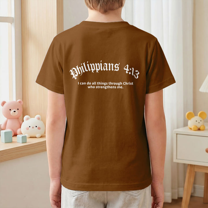 Christianartworkshop Philippiens 4:13 T-shirt enfant à manches courtes avec croix sur le devant et au dos, police gothique - image 25