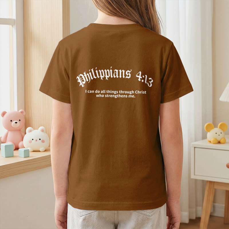 Christianartworkshop Philippiens 4:13 T-shirt enfant à manches courtes avec croix sur le devant et au dos, police gothique - image 26