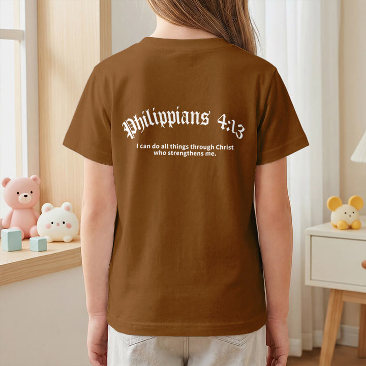 Christianartworkshop Philippiens 4:13 T-shirt enfant à manches courtes avec croix sur le devant et au dos, police gothique - image 26