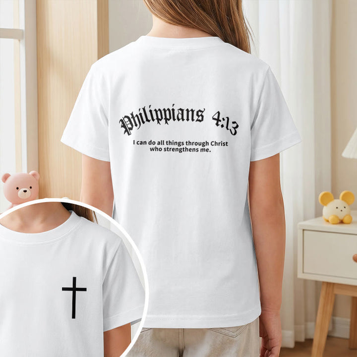 Christianartworkshop Philippiens 4:13 T-shirt enfant à manches courtes avec croix sur le devant et au dos, police gothique - image 10