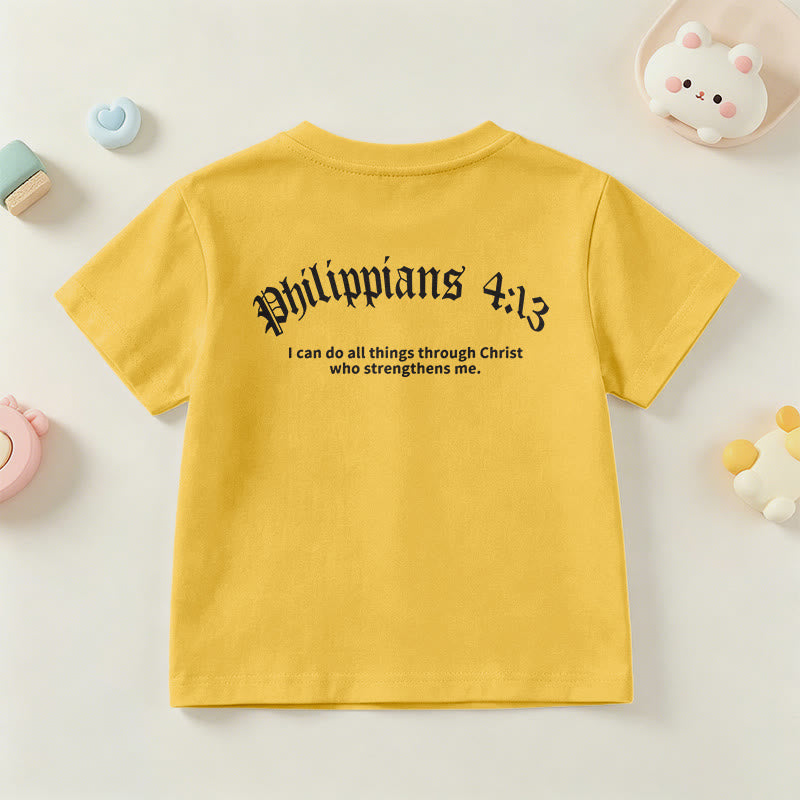 Christianartworkshop Philippiens 4:13 T-shirt enfant à manches courtes avec croix sur le devant et au dos, police gothique - image 33