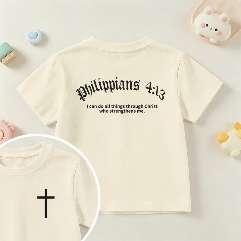 Christianartworkshop Philippiens 4:13 T-shirt enfant à manches courtes avec croix sur le devant et au dos, police gothique - Beige - US/UK/AU 14, EU170 - image 0