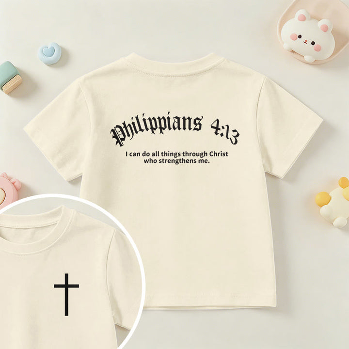 Christianartworkshop Philippiens 4:13 T-shirt enfant à manches courtes avec croix sur le devant et au dos, police gothique - Beige - US/UK/AU 14, EU170 - image 0