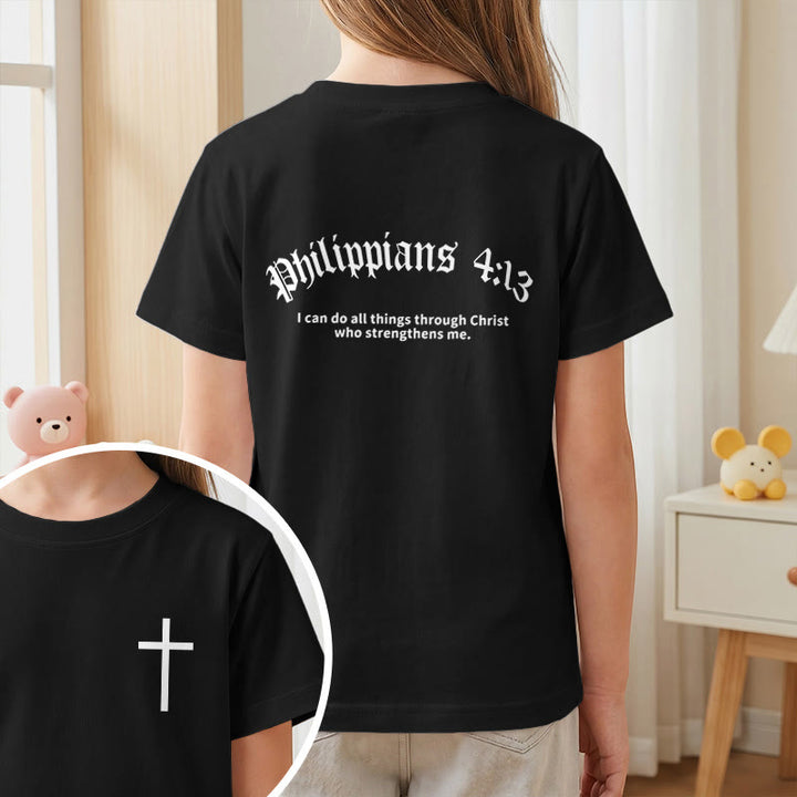 Christianartworkshop Philippiens 4:13 T-shirt enfant à manches courtes avec croix sur le devant et au dos, police gothique - image 38