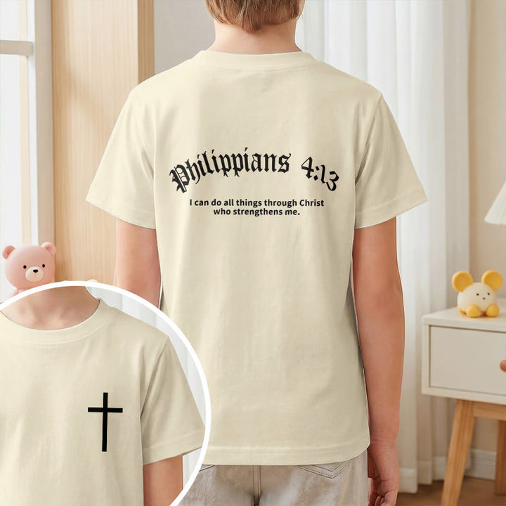 Christianartworkshop Philippiens 4:13 T-shirt enfant à manches courtes avec croix sur le devant et au dos, police gothique - image 1