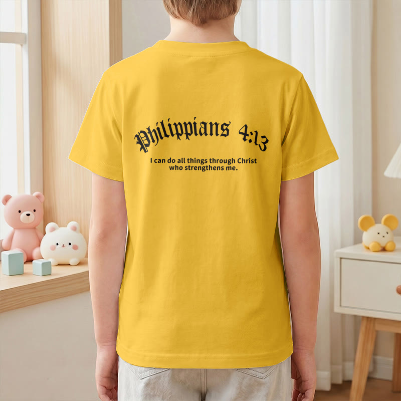 Christianartworkshop Philippiens 4:13 T-shirt enfant à manches courtes avec croix sur le devant et au dos, police gothique - image 34