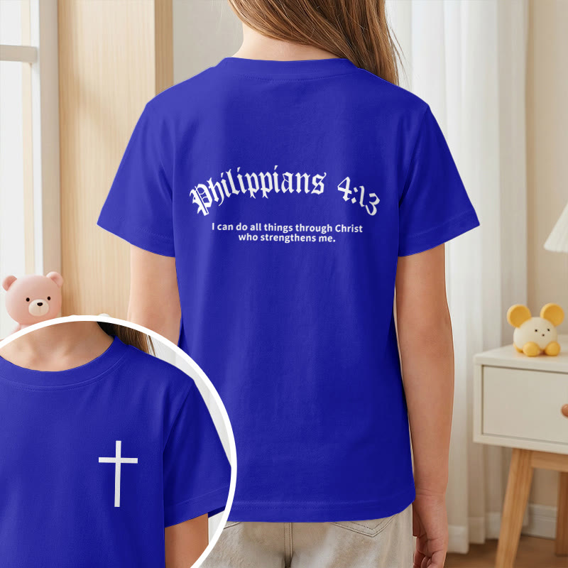 Christianartworkshop Philippiens 4:13 T-shirt enfant à manches courtes avec croix sur le devant et au dos, police gothique - image 89