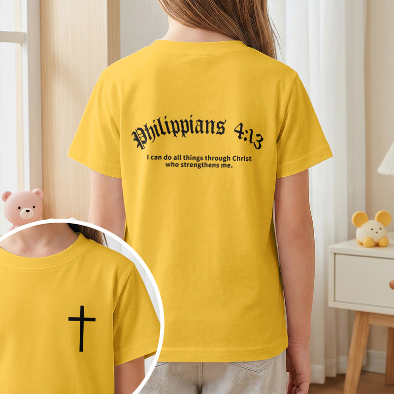 Christianartworkshop Philippiens 4:13 T-shirt enfant à manches courtes avec croix sur le devant et au dos, police gothique - image 29