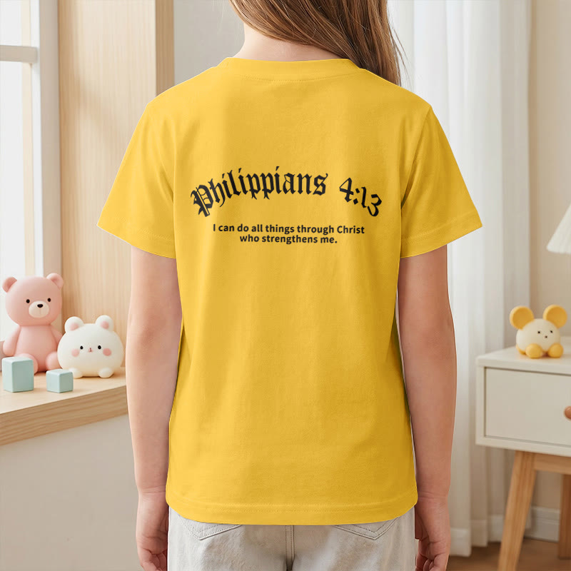 Christianartworkshop Philippiens 4:13 T-shirt enfant à manches courtes avec croix sur le devant et au dos, police gothique - image 35