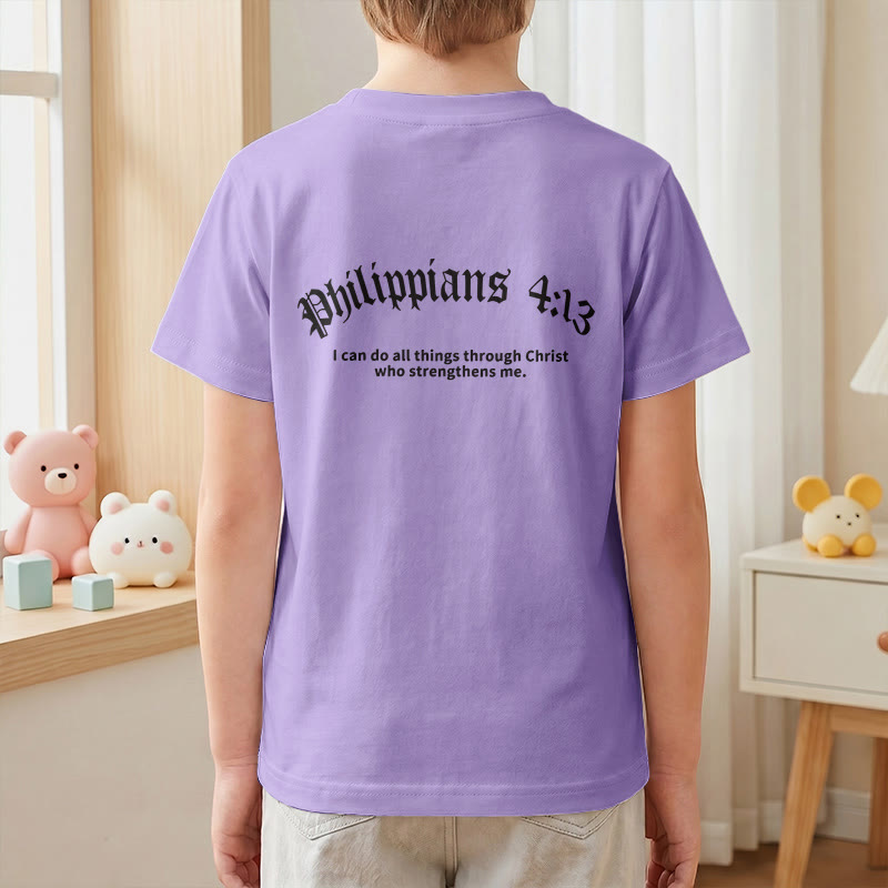 Christianartworkshop Philippiens 4:13 T-shirt enfant à manches courtes avec croix sur le devant et au dos, police gothique - image 52