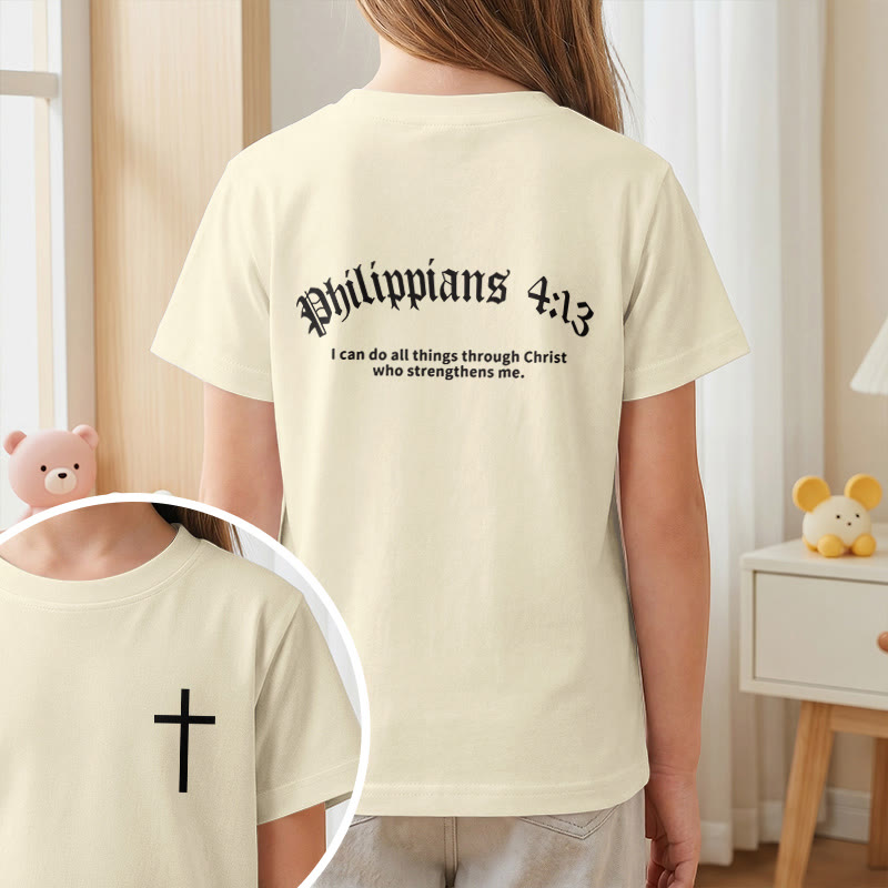 Christianartworkshop Philippiens 4:13 T-shirt enfant à manches courtes avec croix sur le devant et au dos, police gothique - image 2