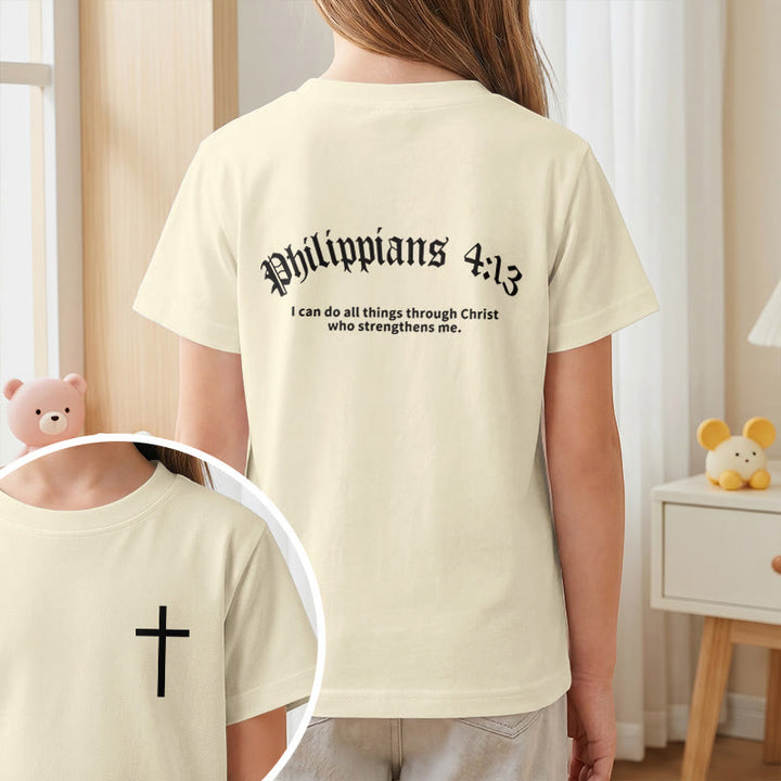 Christianartworkshop Philippiens 4:13 T-shirt enfant à manches courtes avec croix sur le devant et au dos, police gothique - image 2
