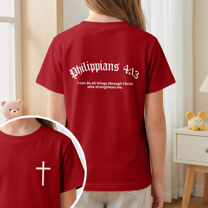 Christianartworkshop Philippiens 4:13 T-shirt enfant à manches courtes avec croix sur le devant et au dos, police gothique - image 56