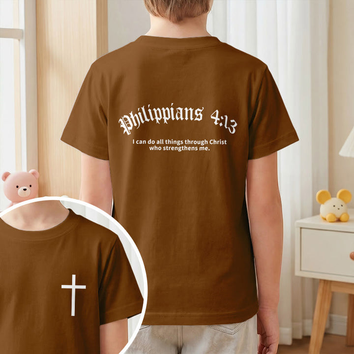 Christianartworkshop Philippiens 4:13 T-shirt enfant à manches courtes avec croix sur le devant et au dos, police gothique - image 19